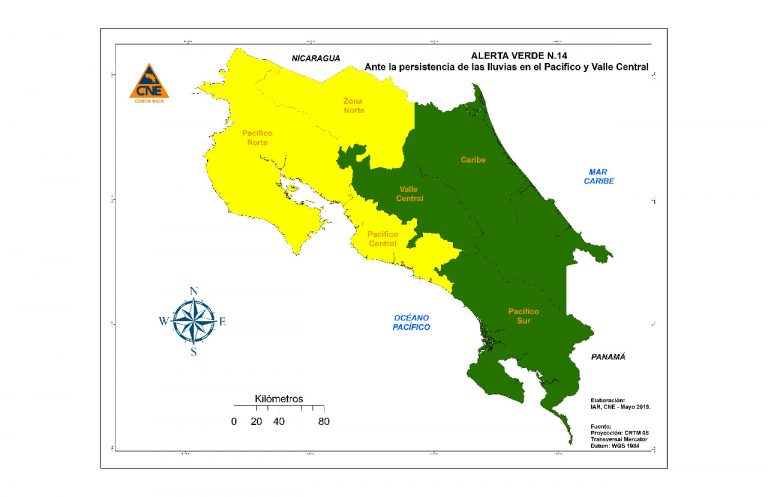 CNE declara alerta amarilla para Pacífico Norte, Pacífico Central y Zona Norte por intensas lluvias