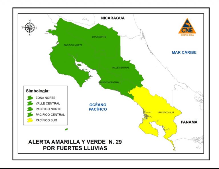 CNE pone en alerta amarilla y verde a casi todo el país por las intensas lluvias