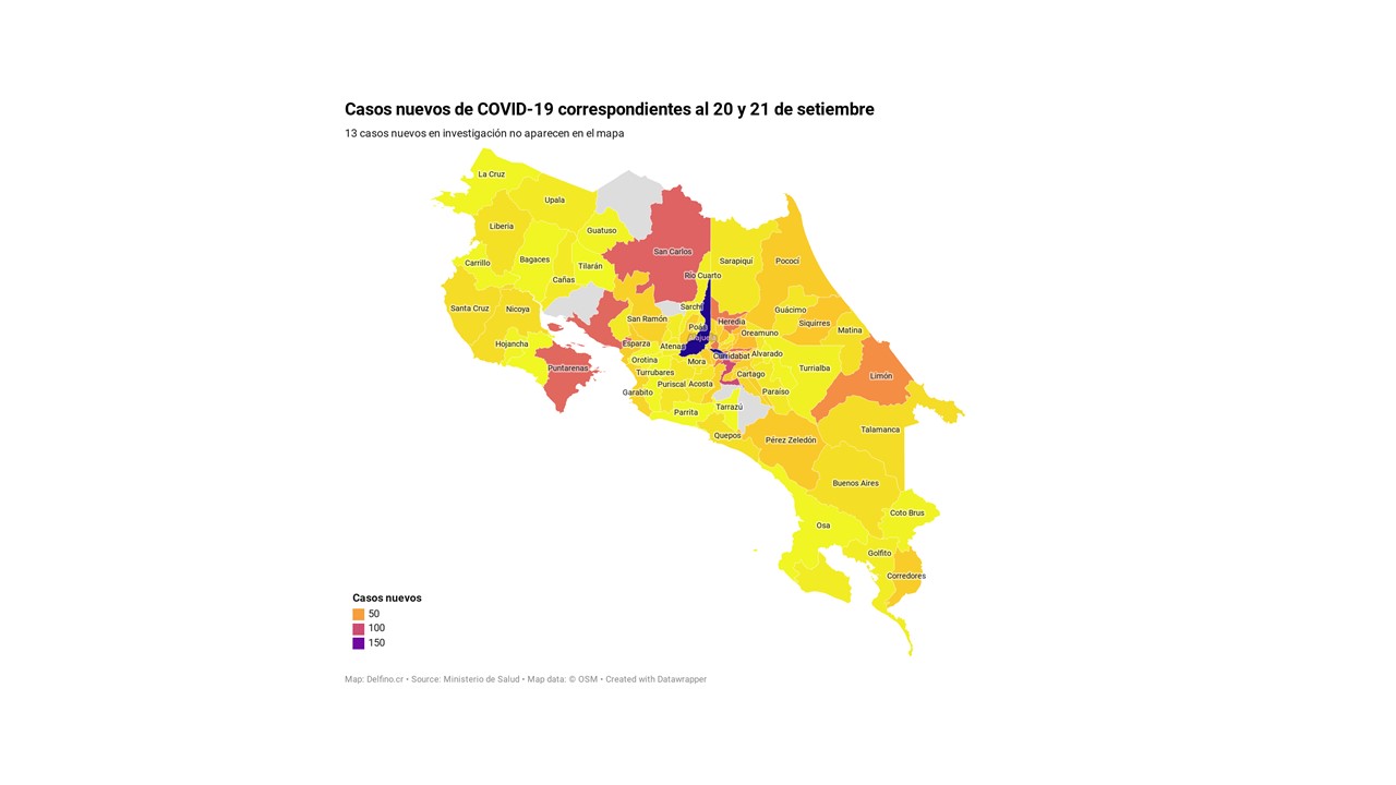 Imagen principal del artículo: Solo cinco cantones no sumaron casos nuevos de COVID-19 entre el 20 y 21 de setiembre