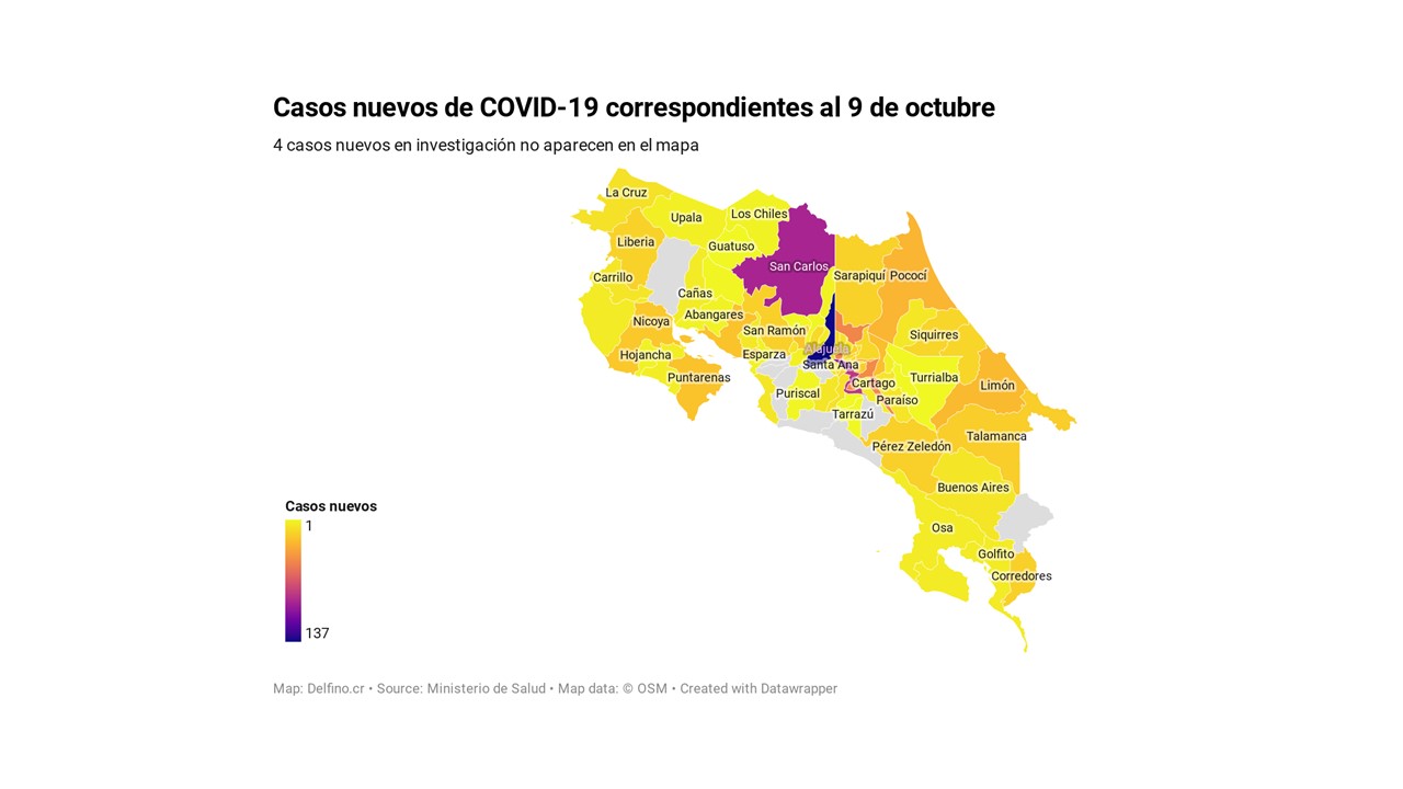 Imagen principal del artículo: Diez cantones acumulan la mitad de los casos de COVID-19 anunciados el 9 de octubre