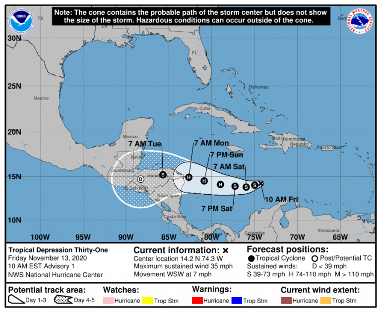Se forma la depresión tropical 31; NHC prevé que sea huracán cuando impacte Centroamérica