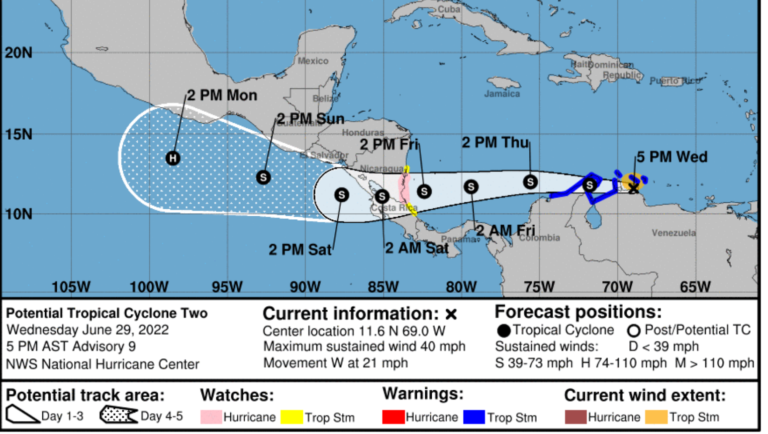 Agencia de EE.UU. emite aviso de condiciones de huracán y tormenta tropical para Costa Rica y Nicaragua