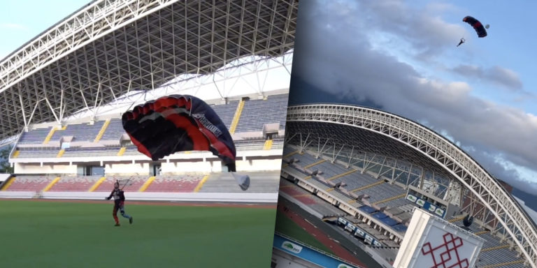 Paracaidista tico saltó desde el edificio más alto de Costa Rica y aterrizó con éxito en el Estadio Nacional