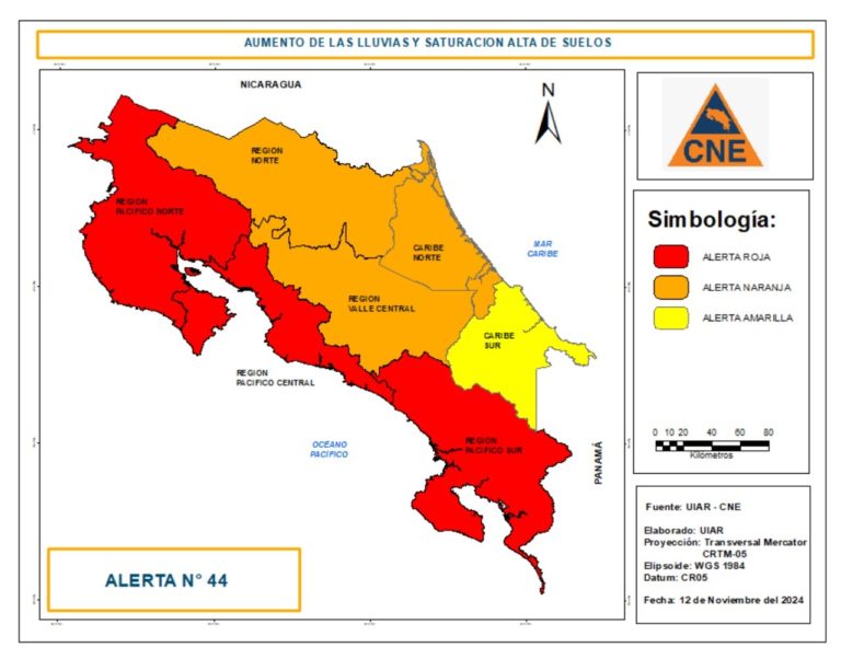 CNE declara alerta roja en toda la vertiente del Pacífico