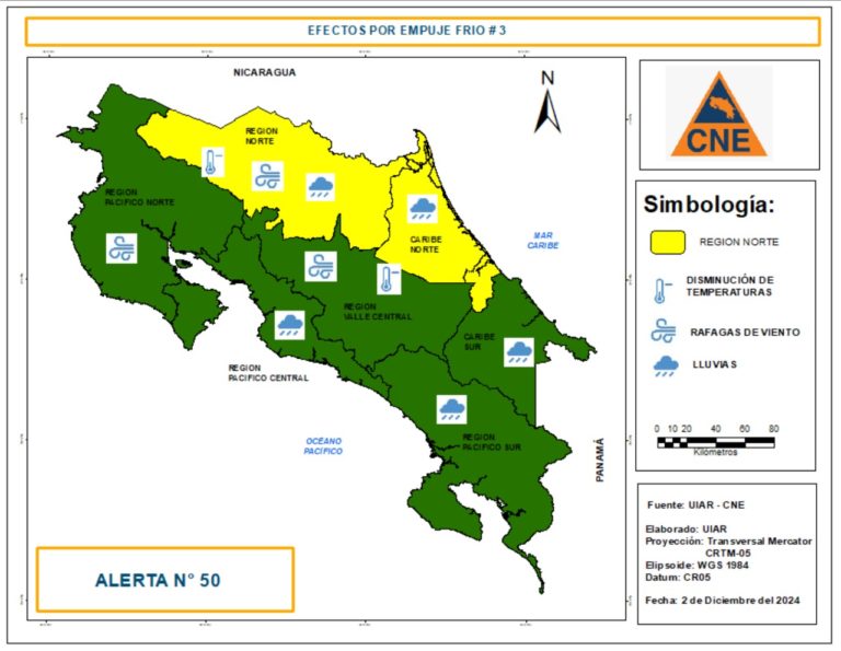 CNE declara alerta amarilla en la Zona Norte y Caribe Norte por frente frío