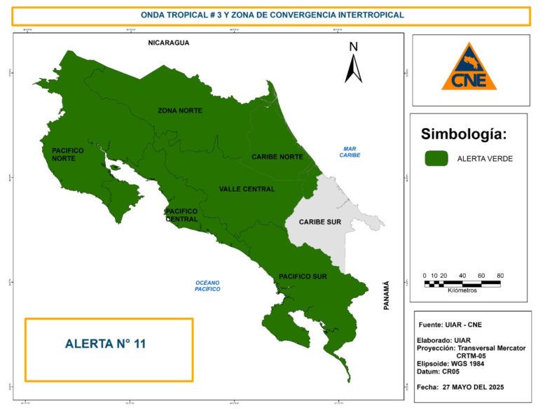 CNE declara alerta verde por onda tropical que impactará en casi todo el país
