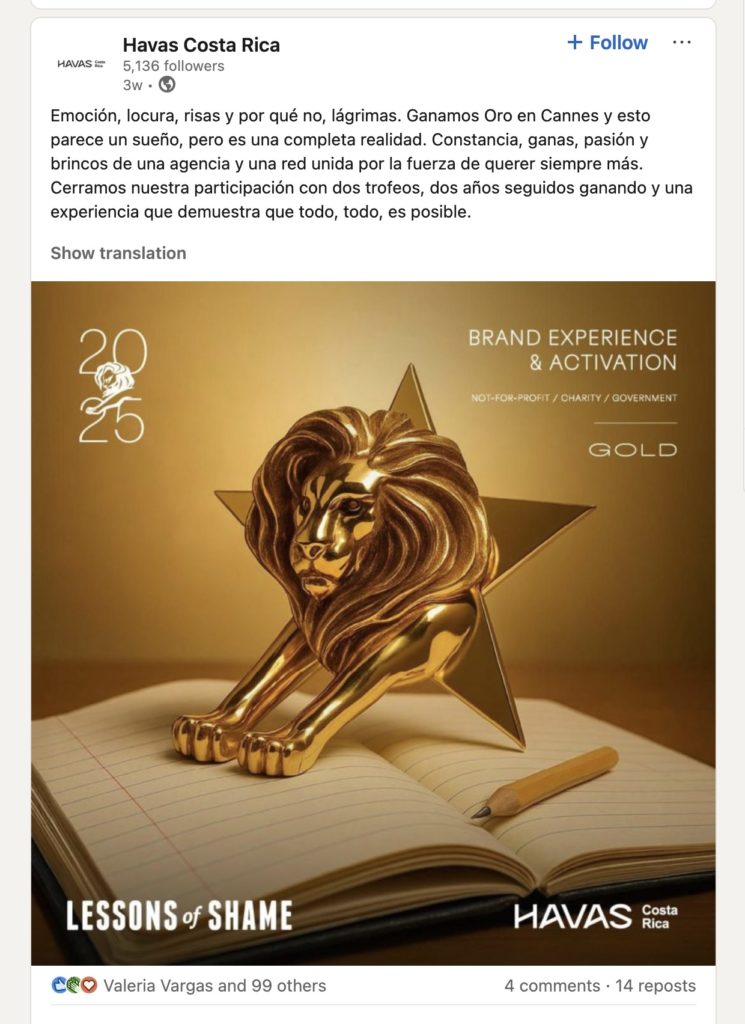 Havas ganó el León de Oro en la categoría "Not for profit" y de plata en la categoría "Guerilla marketing". 