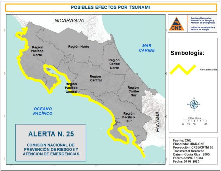 CNE emite alerta amarilla en toda la Vertiente del Pacífico ante riesgo marítimo por terremoto en Rusia
