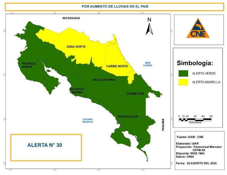 CNE declara alerta amarilla en la Zona Norte y en el Caribe Norte por lluvias