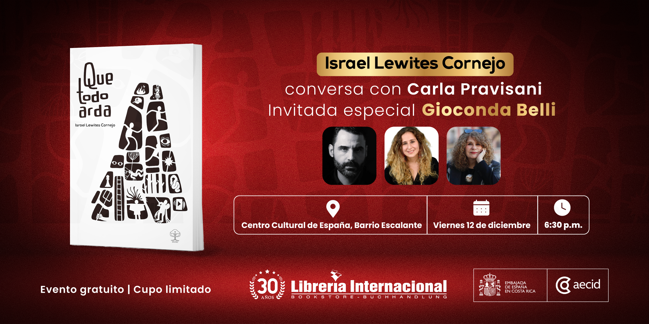 Imagen principal del artículo: Israel Lewites presenta en Costa Rica su libro "Que todo arda", acompañado por Carla Pravisani y Gioconda Belli