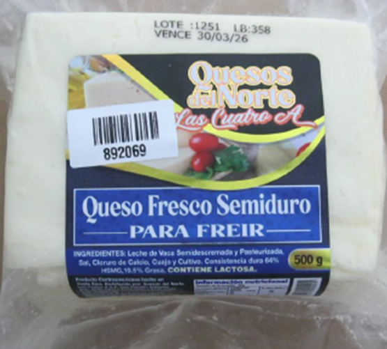 Salud advierte presencia de Staphylococcus aureus en Queso Fresco Semiduro de la marca Quesos del Norte las Cuatro A