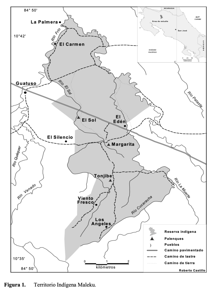 Mapa del territorio Maleku, 2011. El pueblo indígena maleku de Costa Rica y su patrón de asentamiento en la segunda mitad del siglo XIX. Revista Geográfica. Instituto Panamericano de Geografía e Historia 150:75-95. Roberto Castillo Vásquez.