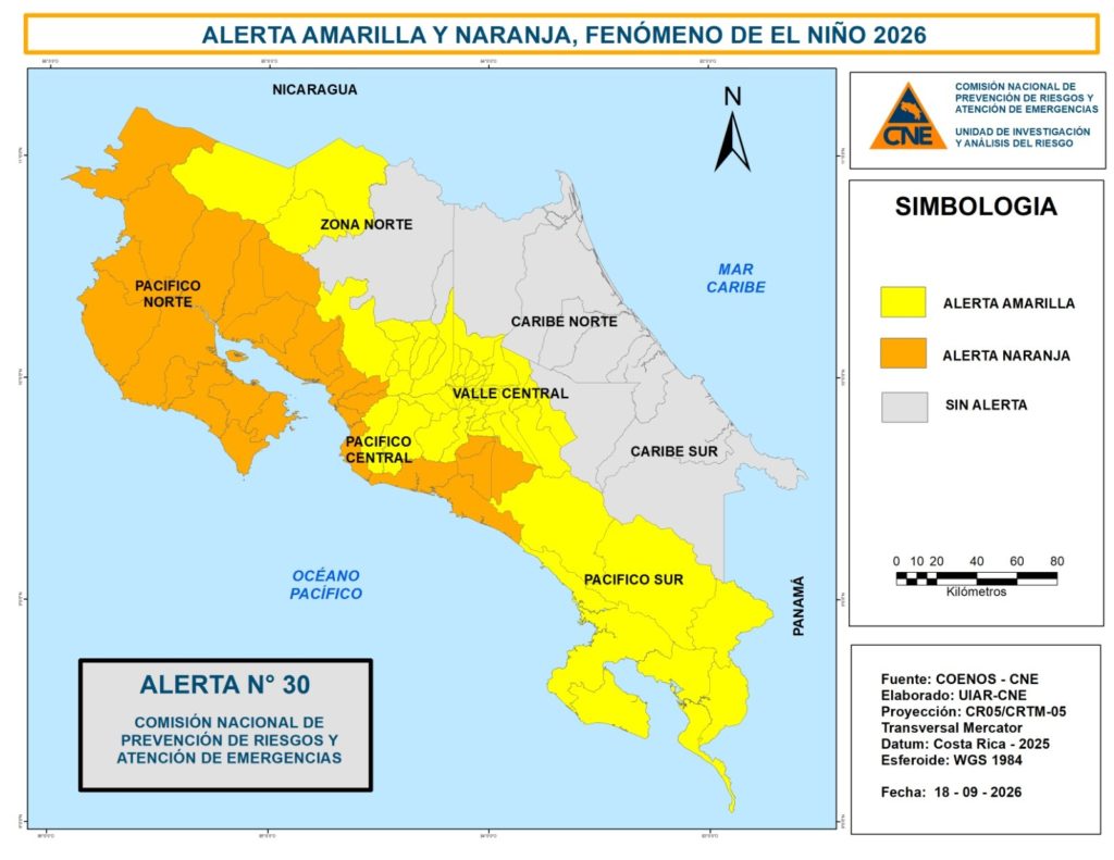 CNE declara alerta naranja en 23 cantones por efectos de fenómeno de El Niño