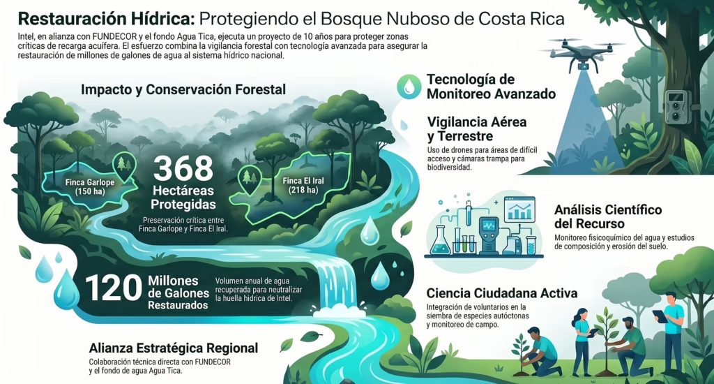 La iniciativa Restauración de Agua, desarrollada por Intel y FUNDECOR en alianza con Agua Tica, contempla la protección de 368 hectáreas de bosque en zonas de recarga acuífera de la Cordillera Volcánica Central. El proyecto combina conservación forestal, monitoreo ambiental y tecnología para contribuir al reabastecimiento del recurso hídrico.