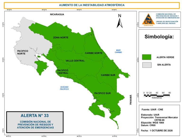 CNE declara alerta verde en casi todo el país por aumento de lluvias